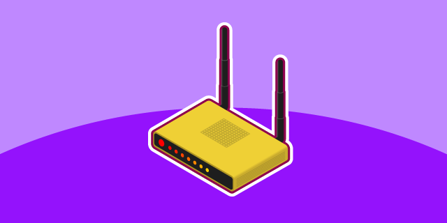 Yellow broadband router on purple background