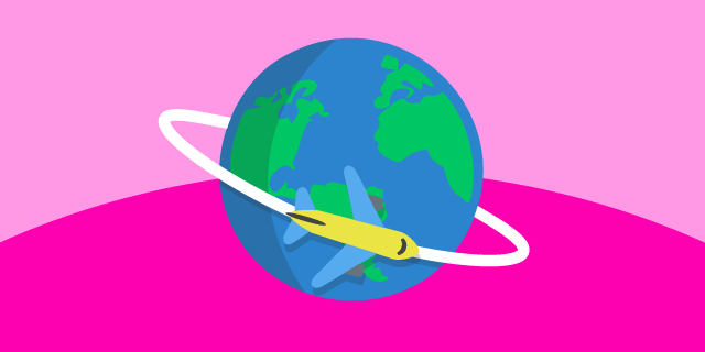 Globe with plane going around on a pink background